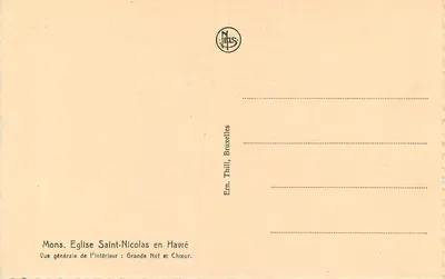 Igreja de São Nicolau em Havré — Vista geral do interior: Nave Grande e Cúria — Editor Thill, Bruxelas — Verso