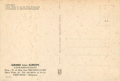 Verviers — Praça Verde e rua do Ponte São Laurent — Ets. Lander Eupen — Verso