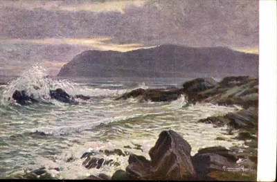 Costa rochosa ao entardecer — pintura de Giovanni Quaglia — editor FPM, n° 582-6