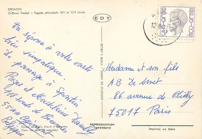Castelo de Spontin — Facha principal do XIV e XVI século — Edições Yvoir S. Meuse — Verso