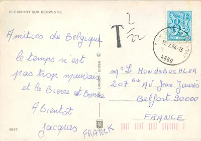 Clermont-sur-Berwinne — vista da prefeitura, igreja e paisagem — Édit. Lander - Eupen n°3697 — Verso