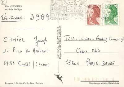 Ulica Basyliki w Conde-sur-Escaut — widok miejski z kościołem i sklepami — wydawca Bon-Secours, nr 3989 — Rewers