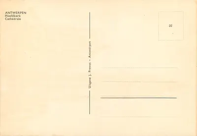 Catedral de Antuérpia — vista da torre e da fachada — editada por J. Prevot, n° 32 — Verso