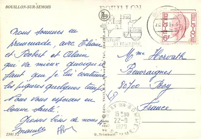 Bouillon — widok panoramiczny z zamekiem, rzeką i koleją turystyczną — wydawca G. Trimboli, nr 250/52 — Rewers