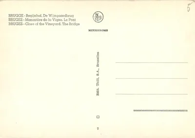 Bruges — Begijnhof, most winorośli — wydawca Thill, S.A., Bruksela, nr 7 — Rewers