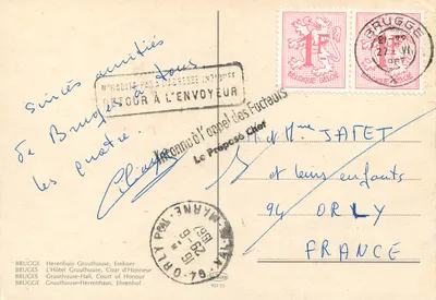 Bruges — Kanał z łodzią i budynkiem z lianami — wydawca nieznany — Rewers