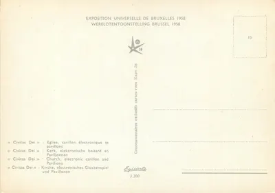 Civitas Dei — Kościół, elektroniczny dzwon i pawilony — Wystawa Uniwersalna w Brukseli 1958, nr 15 — Rewers