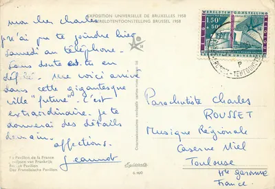 Exposición Universal de Bruselas 1958 — Pabellón de Francia — Editor Egicarte n° 6.400 — Reverso