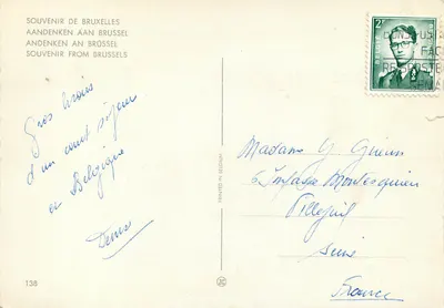 Bilhete postal moderno Memória de Bruxelas — Verso
