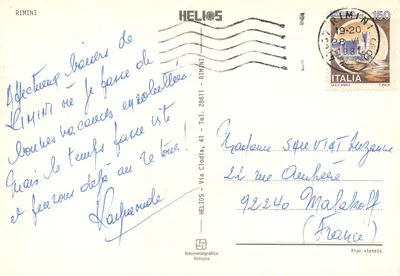 Rimini — widok panoramiczny z zachodem słońca i plażami — wydawca HELIOS, nr 28611 — Rewers