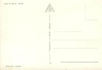 Widok na jezioro Garda — Riva — wydawca A. Preda, Mediolan — Rewers