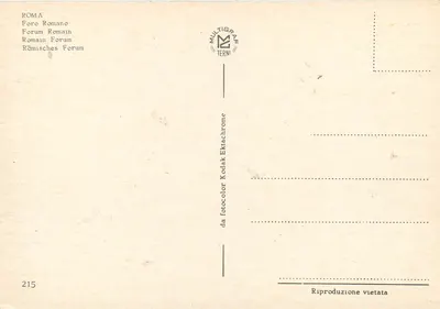 Forum Rzymskie — Ruiny antyczne w Rzymie — wydawca MULTIGRAF TERNI, nr 215 — Rewers