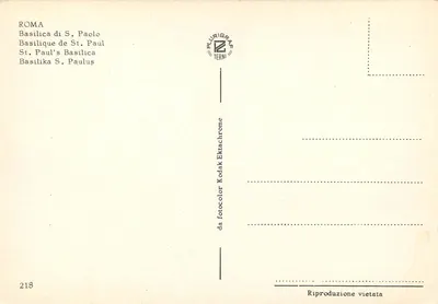 Bazylika św. Piotra Zewnętrzna — widok fasady z kolumnadami i palmami — wydawca Plurigrap Terni, nr 218 — Rewers