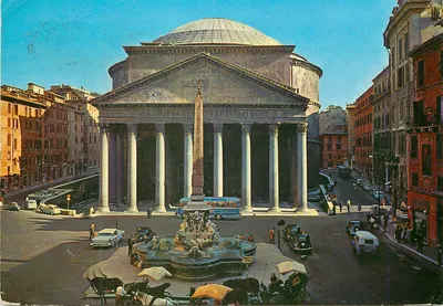 Rzym - Pantheon — widok z fontanną i samochodami — wydawca Milano Dep. nr ROM 43/113