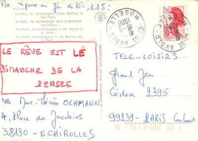 La Pietà — Michel-Ange — Bazylika św. Piotra, Rzym — wydawca Tele-Loisirs, nr 155 — Rewers