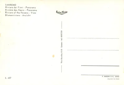 Sanremo — Riviera dei Fiori - Panorama — P. Marzari S.R.L. Schio, série S. 457 — Verso