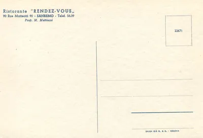 Restauracja Rendez-Vous — Sanremo — SAIGA GIÀ B. & G. Genova — Rewers