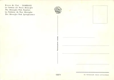 Sanremo — Riviera dos Flores — Fonte do Parque Marsília — editor Rotalcolor Milano, n° 10079 — Verso