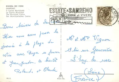 Sanremo — Het Municipale Casino — Riviera dei Fiori, uitgever Milano-Dep., SR/11 — Achterkant