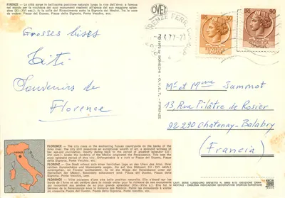 Florenca — Piazza del Duomo, Ponte Vecchio, Piazza della Signoria — wydawca BONECHI, seria LUSSO-ORO N. 59803 — Rewers