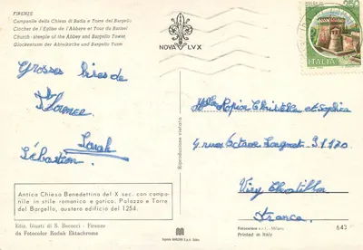 Florenca — Dzwonnica z Kościoła Abbatii i Wieża Bargello — Wydawnictwo Giusti di S. Becocci, seria 643 — Rewers