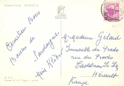 Kobieta w stroju sardyńskim z czarnym szalikiem — Sardynia — wydawca Concess. M. & G. Tognoli, Livorno, nr 26 — Rewers