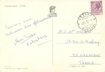 Kobieta w stroju sardyńskim, Włochy — wydawca Concess. M. & G. Tognoli, Livorno, nr 40 C.S. — Rewers