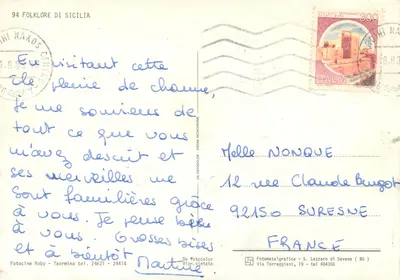 Folklore da Sicília — Saudações da SICILIA — editor Fotometalgrafica S. Lazzaro di Savena — Verso