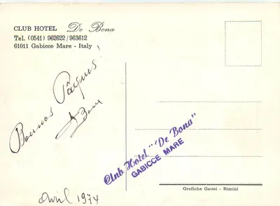 Club Hotel De Bona — Gabicce Mare — Grafiche Gattei - Rimini — Verso