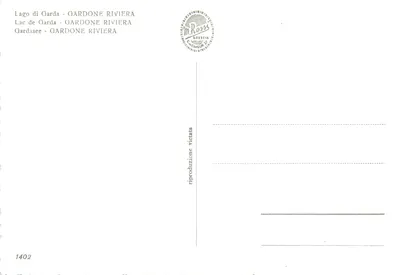 Lago di Garda - Gardone Riviera — widok jeziora z łodzią 'Freccia del Garda' — M. Rossis, n° 1402 — Rewers