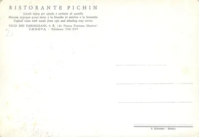 Ristorante Pichin — Typowa kuchnia z grillowanymi daniami i serwizem wózkami — G. Schenone - Genua — Rewers