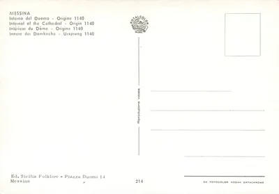 Messina - Interior da Catedral - Origem 1140 — Ed. Sicilia Folklore, Piazza Duomo 14 — Verso