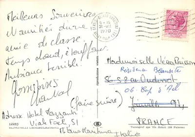 Milano Marittima — widok nocny, widok dzienny i statek na morzu — wyd. Fratelli Leonardi-Ravenna — Rewers