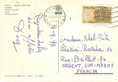 Cervia-Milano Marittima — Pôr do sol — Ed. B. Mafaccini, n° CER 84/175 — Verso