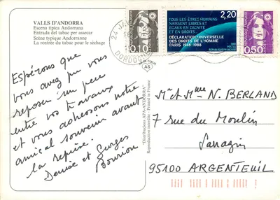 Cena típica andorrana — secagem do tabaco — editor Distribucions APA-ANDORRA — Verso