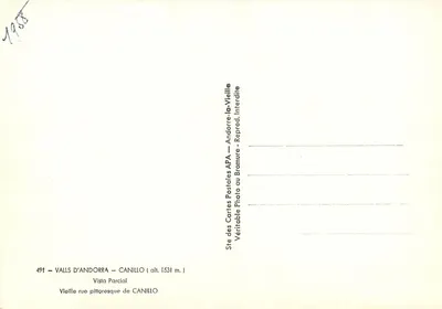 Stara pocztówka: Piekliwy widok ulicy w Canillo — Wali d'Andorre — wydawca APA, nr 491 — Rewers