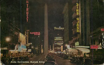 Av. Corrientes, Buenos Aires — vista noturna com o Obélisco — Edições TERLEY