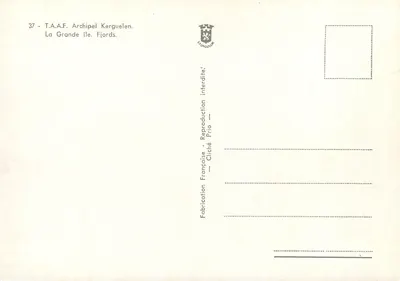 Widok na fjordy Wielkiego Wysp — Archipel Kerguelen — T.A.A.F. — n°37 — Rewers