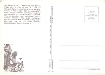 Kuranda, N.Q. — Stoney Creek Falls, Monumento de Robb, Estação Ferroviária de Kuranda, Cachoeira do Barron — Peer Productions, PCO 281 — Verso
