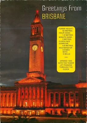 Brisbane City Hall — noite iluminada — editor Sydney G. Hughes Pty. Ltd.