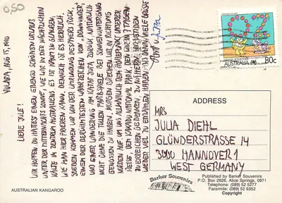 Canguru australiano — Published by Barker Souvenirs, Alice Springs, 0871 — Verso