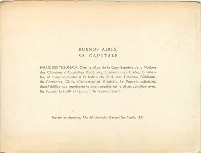 Palais des Tribunaux — Buenos Aires, haar hoofdstad — Gedrukt in Argentinië, Jaar van de Libertator Generaal San Martín, 1950 — Achterkant