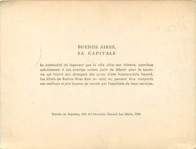 Hotel de Buenos Aires — Buenos Aires, haar hoofdstad — Gedrukt in Argentinië, Jaar van de Libertator Generaal San Martín, 1950 — Achterkant