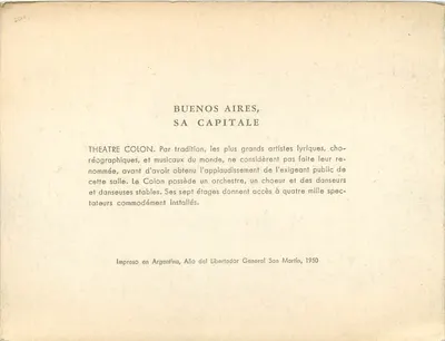 Teatro Colón — Buenos Aires, sua capital — Impreso en Argentina, Año del Libertador General San Martín, 1950 — Verso