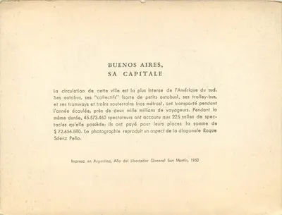 Buenos Aires — uitzicht op de diagonale Roque Sáenz Peña — uitgever Impreso en Argentina, Jaar van de Libertador Generaal San Martín, 1950 — Achterkant