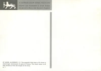 St Anne, Alderney — widok na wieżę kościoła — wydawca Jarrold & Sons Ltd, seria Cotman-Color — Rewers