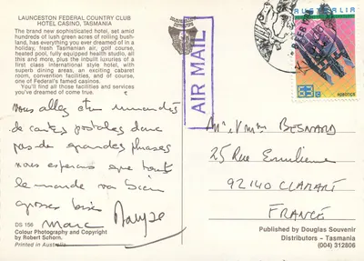 Hotel Casino Launceston Federal Country Club — Tasmânia — editor Douglas Souvenir Distributors — Verso