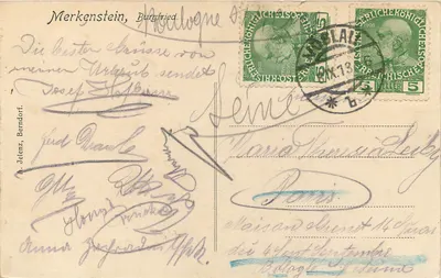 Merkenstein, Burgfried — widok z ruiny zamku — wydawca nieznany — Rewers