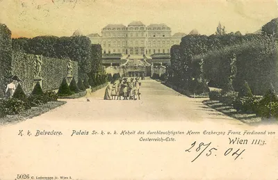 Palácio de Belvedere — Vista do palácio e jardim com grupo de pessoas — C. Ledermann jr. Wien I, n°5026