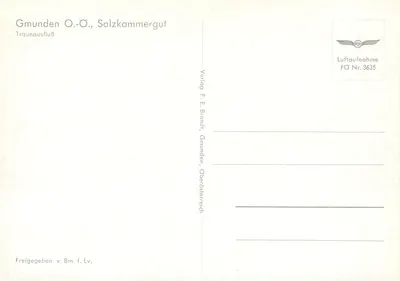 Gmunden O.-O., Salzkammergut — widok z lotu nad Traunau — wydawca F. E. Brandl, nr FO 3635 — Rewers
